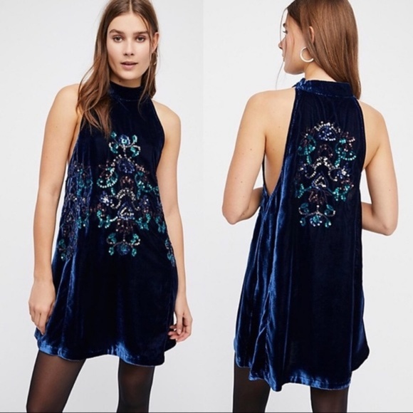 Free People Velvet Sequin Swing Sleeveless Blue Dress NWT small - Picture 1 of 7